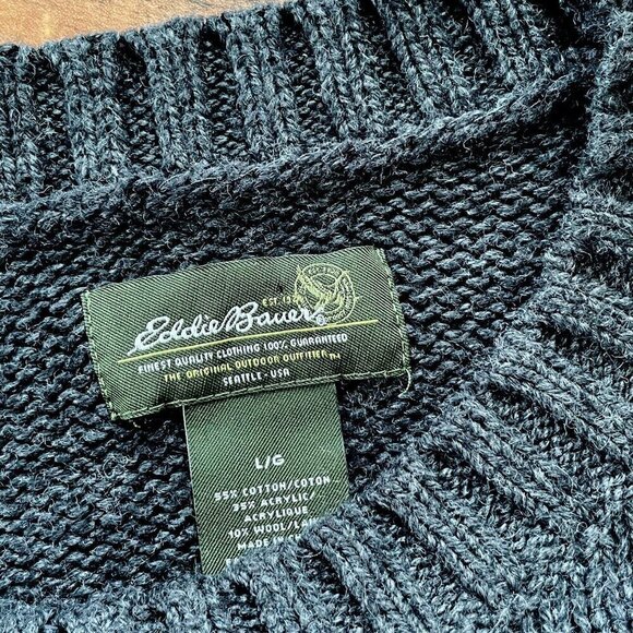 Eddie Bauer Mens Sweater Sz Large Gray Cotton Wool Ski Nordic Knit Pullover - Picture 6 of 6